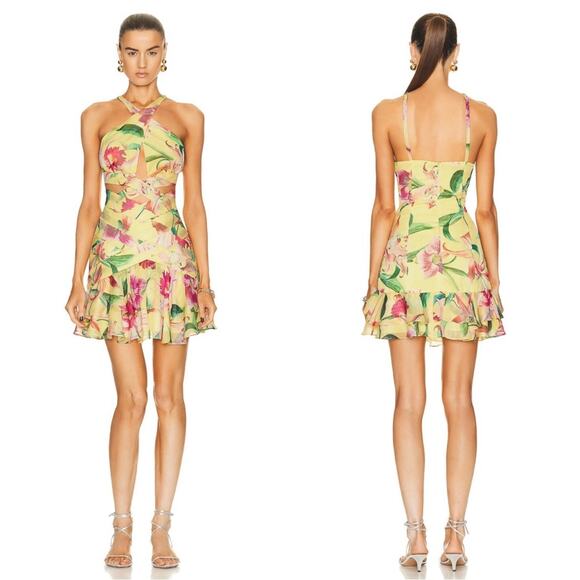PatBO Dresses & Skirts - PATBO Laelia Cutout Floral Halterneck Criss Cross Yellow Mini Dress Size 4